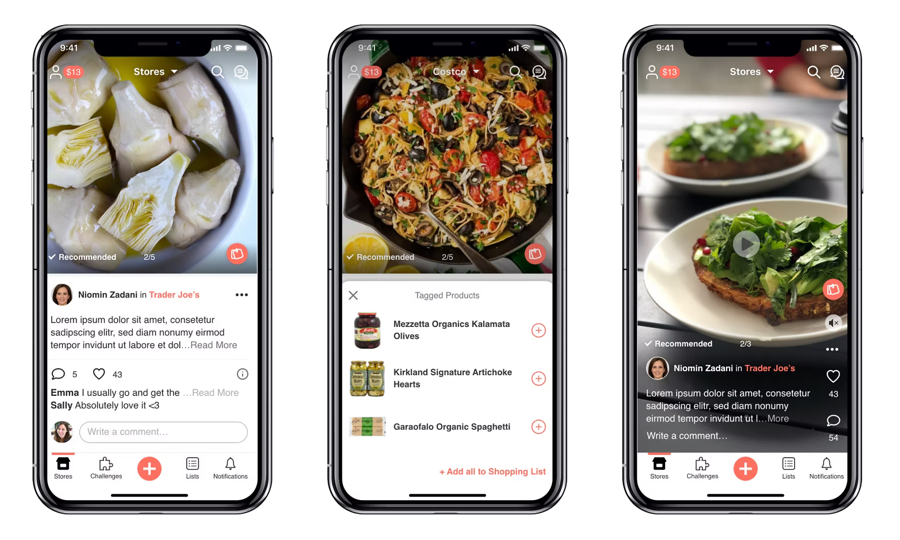 Three high-fidelity screens of the updated app: feed with the stores dropdown, tagged products added to the shopping list, and a video post