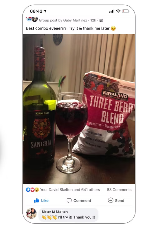 Facebook group post recommending a Kirkland sangria and three berry blend combination