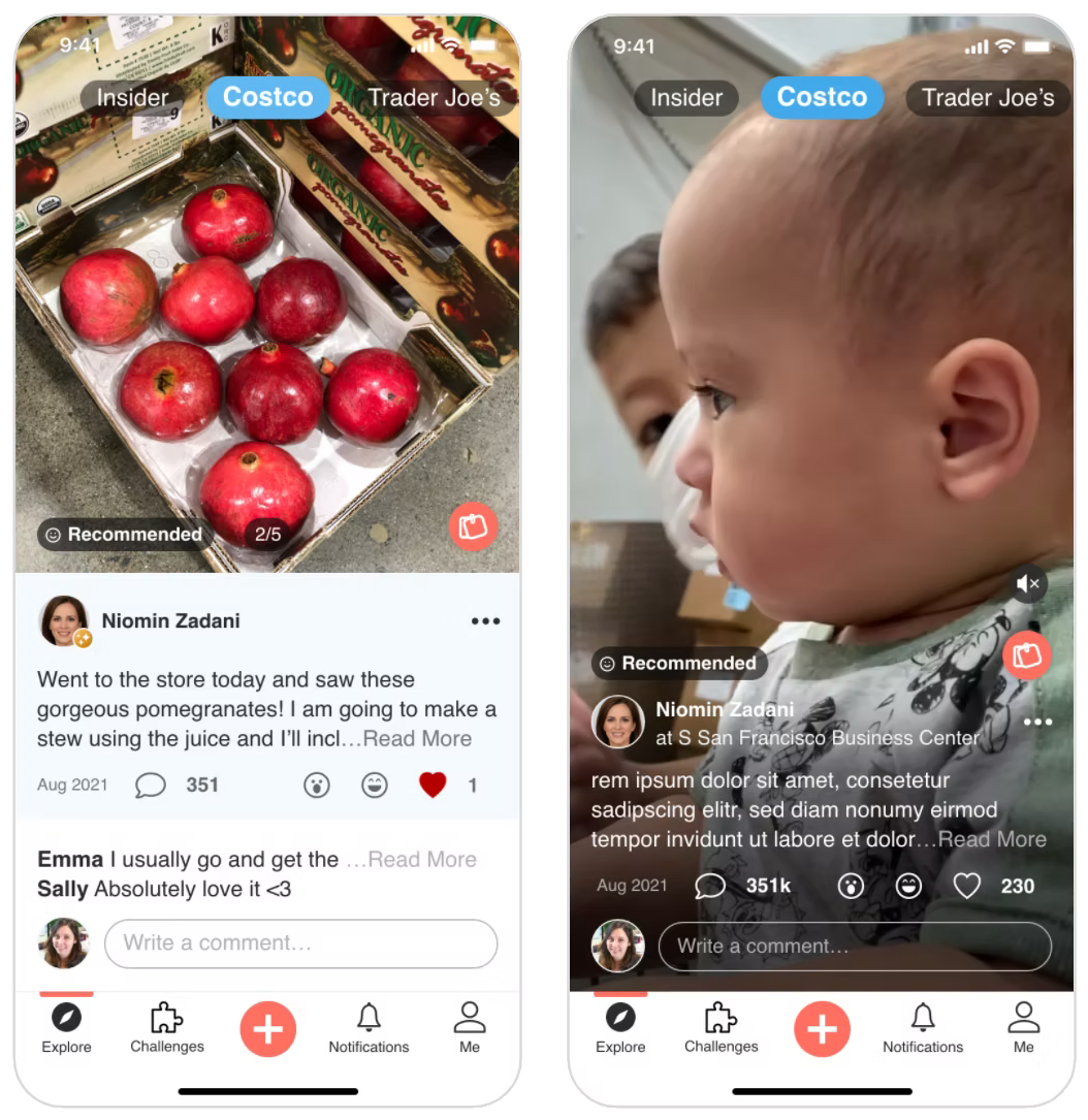Two screens of the redesigned post: media fixed at the top, a Recommended label, the latest comments and a comment input below