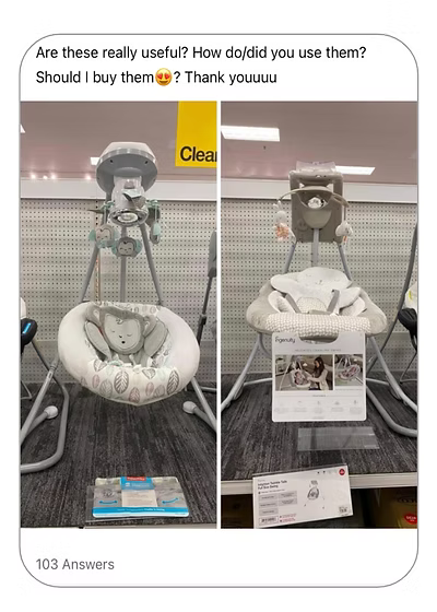 Facebook group question asking whether baby swings are useful, with 103 answers