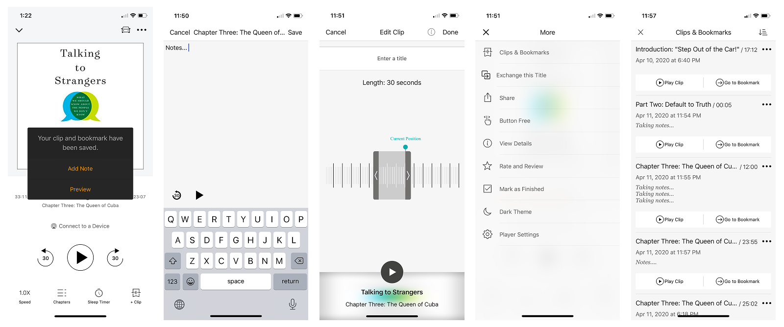 Five Audible app screens showing the + Clip flow: saved clip prompt, note entry, edit clip, More menu, and the Clips & Bookmarks list