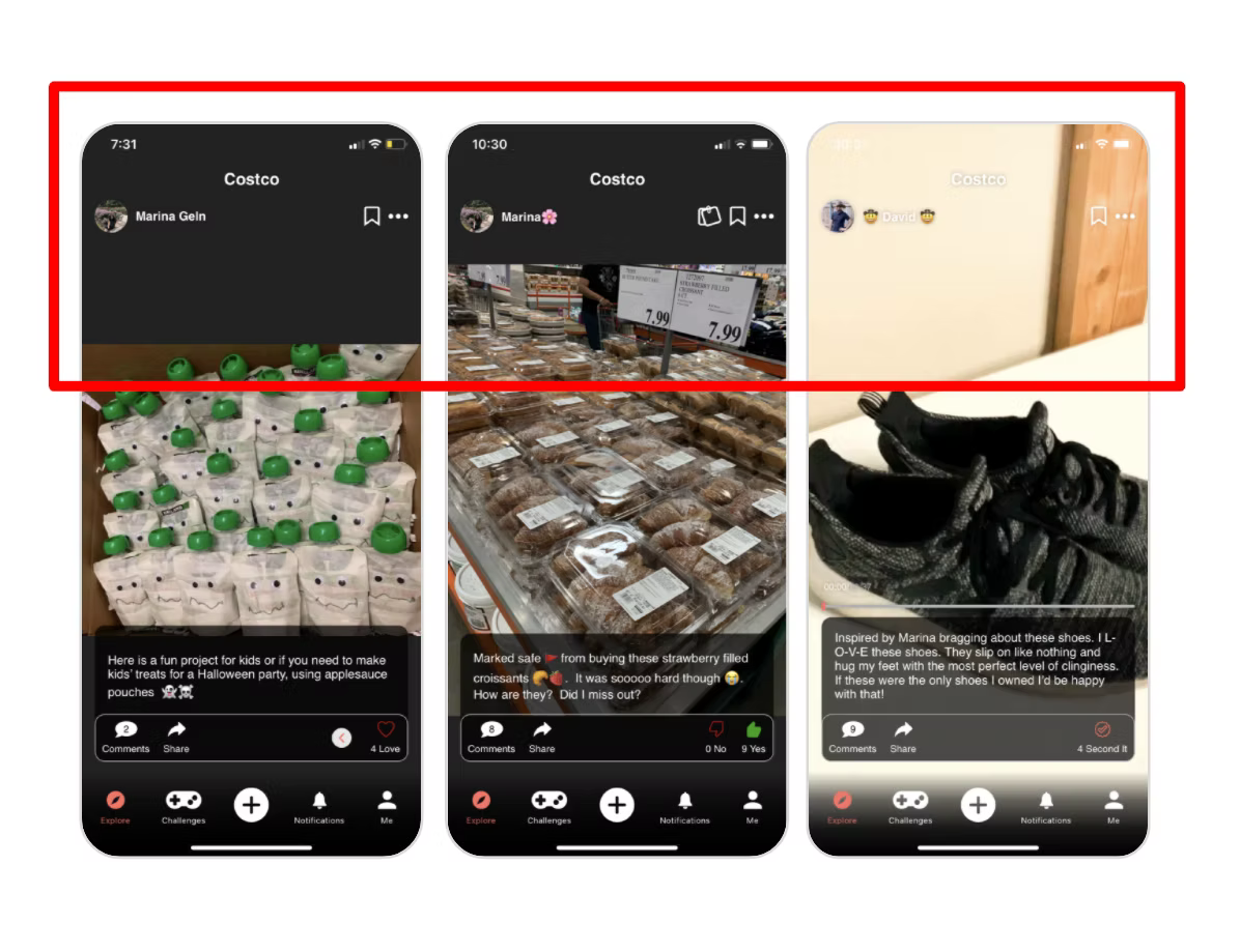 Three feed screens showing gallery-uploaded photos with empty header space and captions covering the bottom of each image