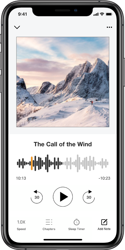 Audible player screen with the new Add Note icon in the bottom bar