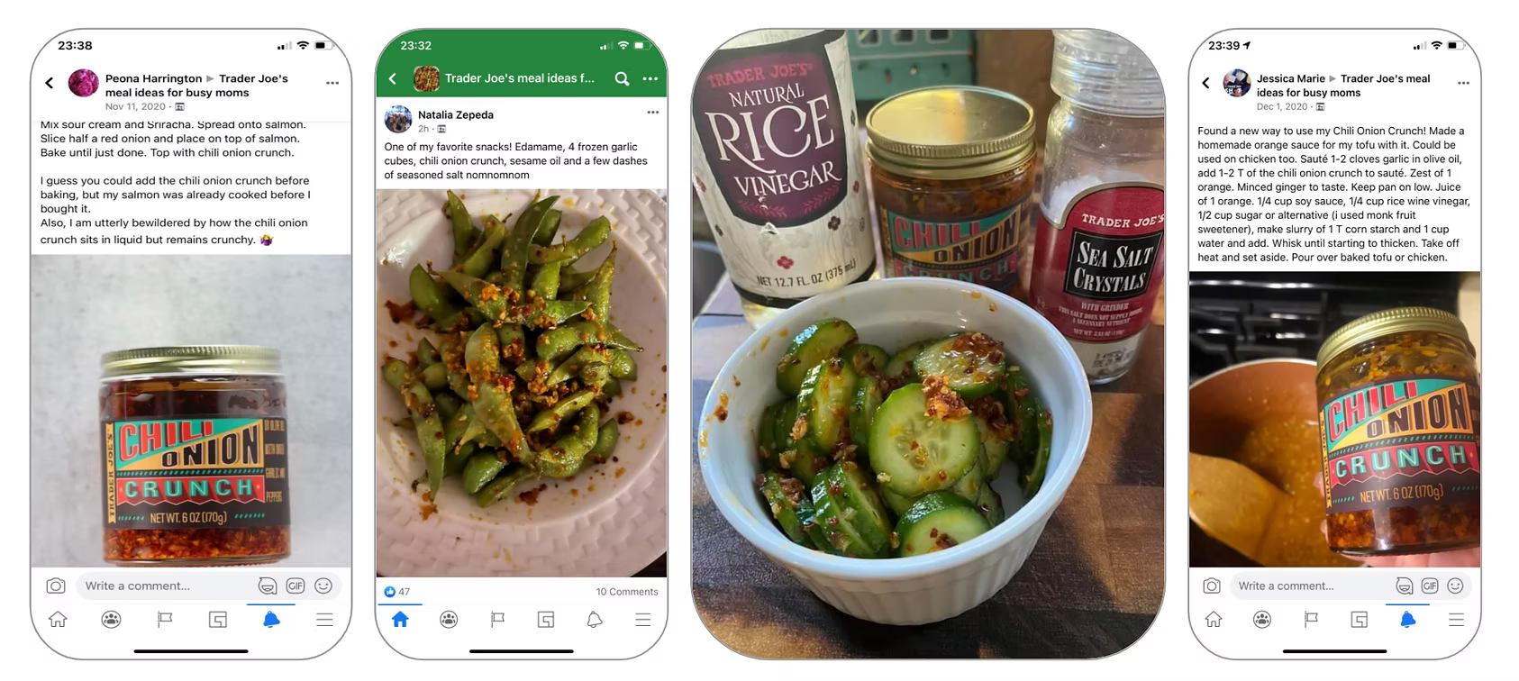 Facebook group posts where Trader Joe's shoppers share new ways to use Chili Onion Crunch