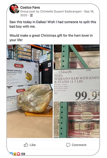 Costco Fans group post looking for someone to split a large serrano ham purchase
