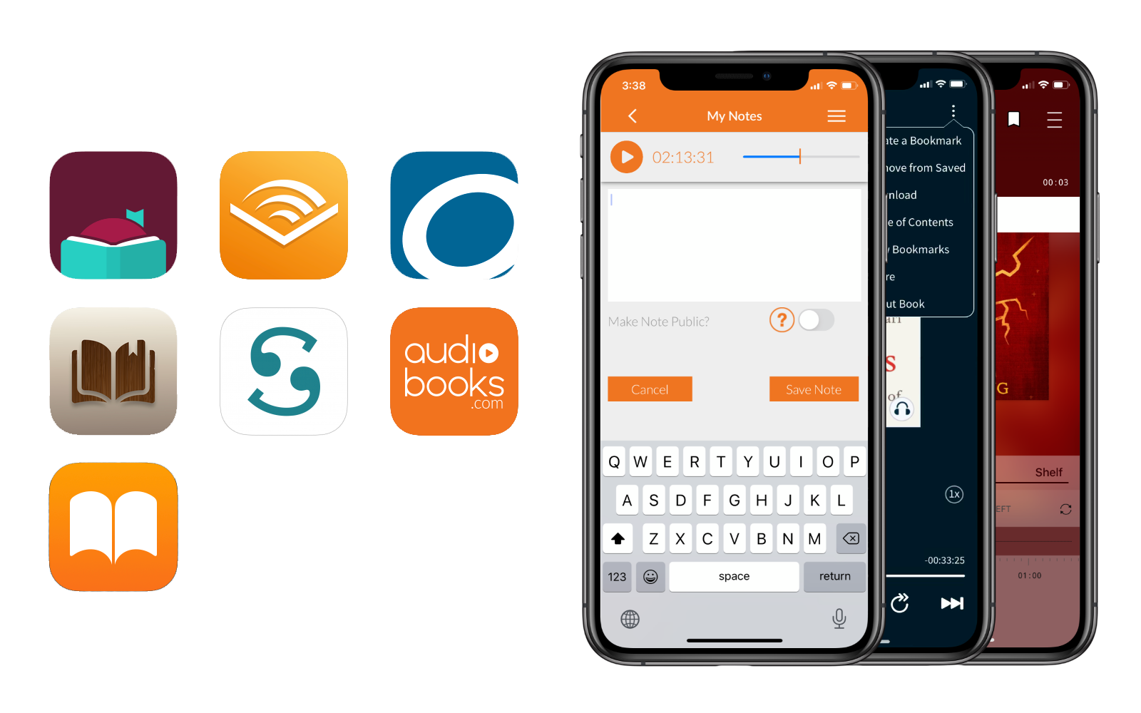 Audiobook app icons alongside screens showing note and bookmark features