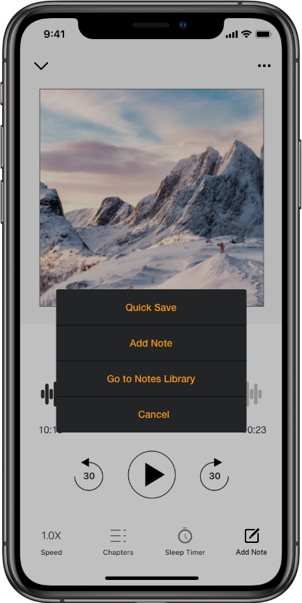 Audible player with the menu open showing Quick Save, Add Note and Go to Notes Library